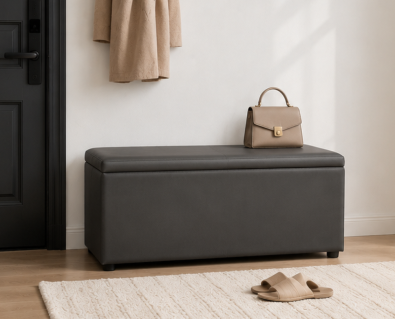 Minimalist Leather Storage Bench | Dark Gray Flip-Top Model
