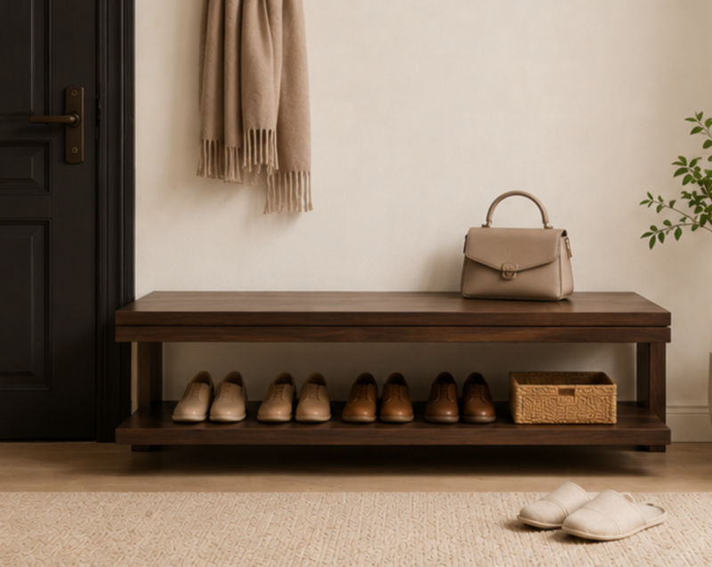Modern Floating Shelf Shoe-Changing Bench | Light Luxury Black Walnut Finish